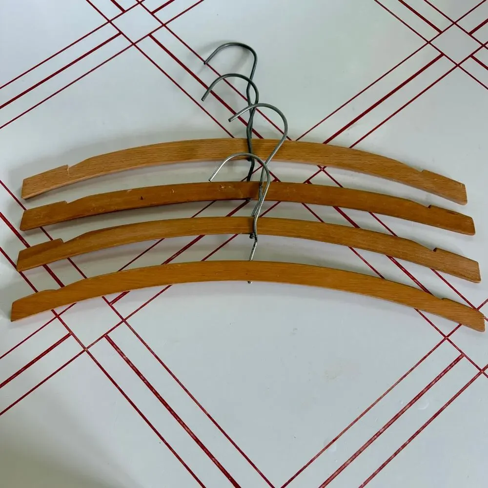 Vintage Set of 4 Curved Wooden Clothes Hangers Mid Century